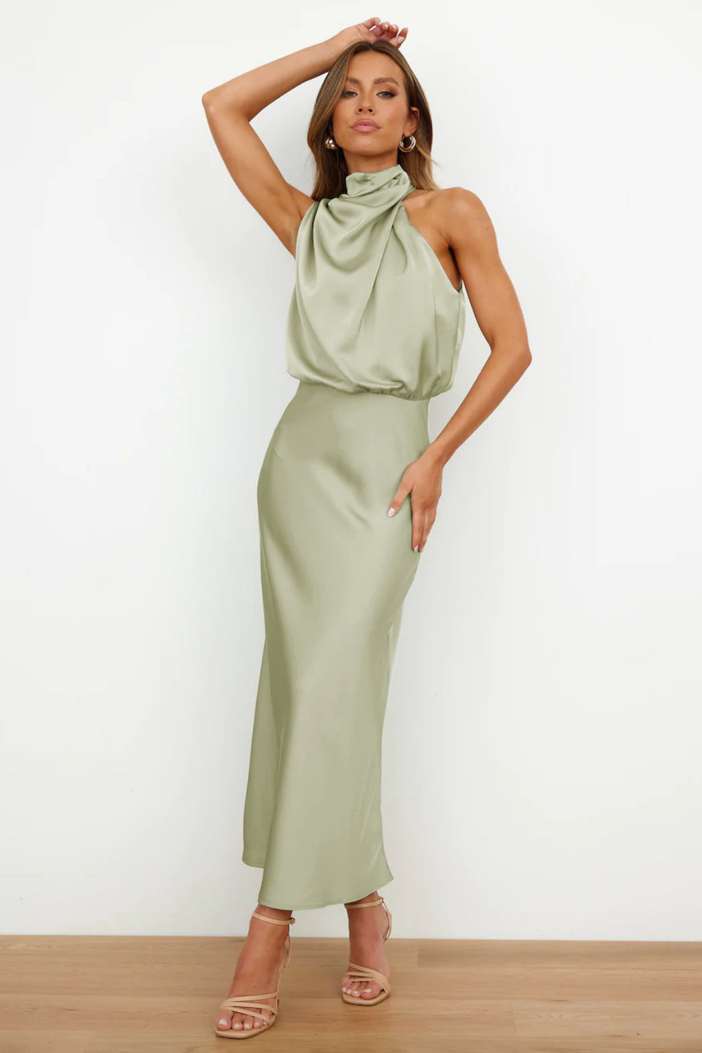 Carlina | Long Satin Dress with Halterneck