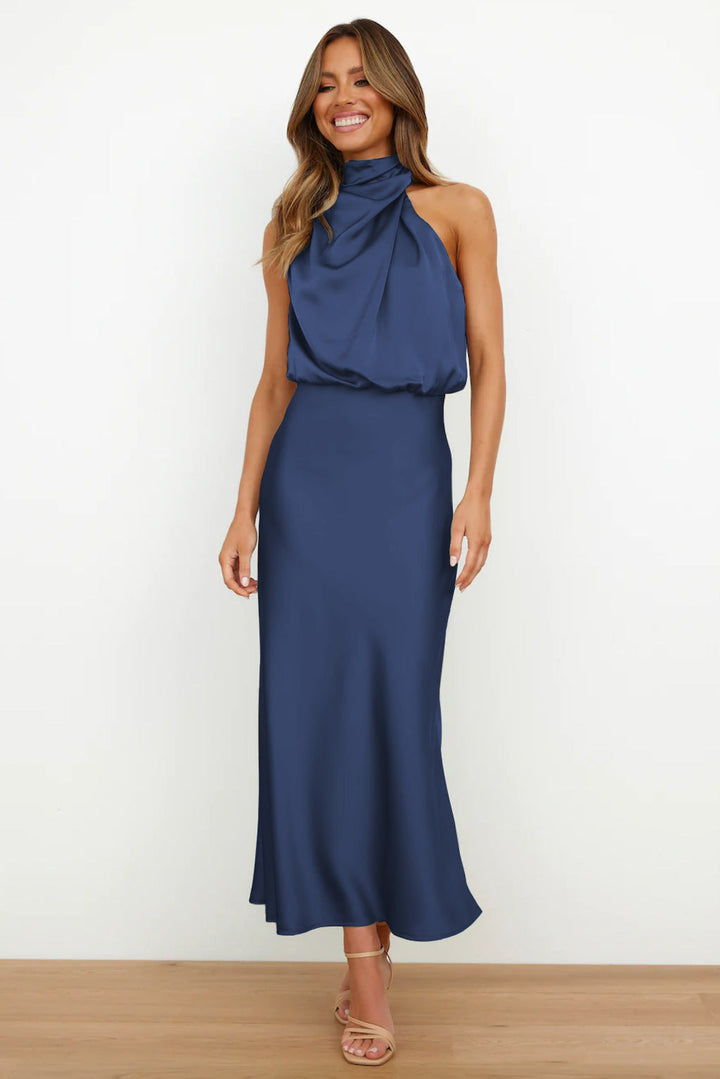 Carlina | Long Satin Dress with Halterneck